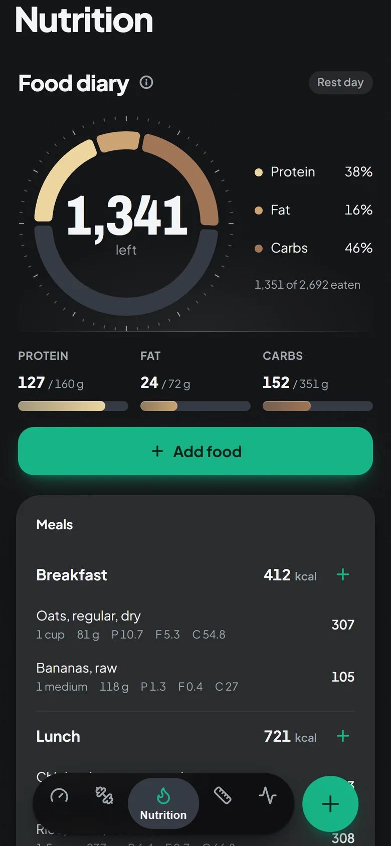 Steelheft Nutrition screen: rest day, 1,341 kcal left, macro ring and meals