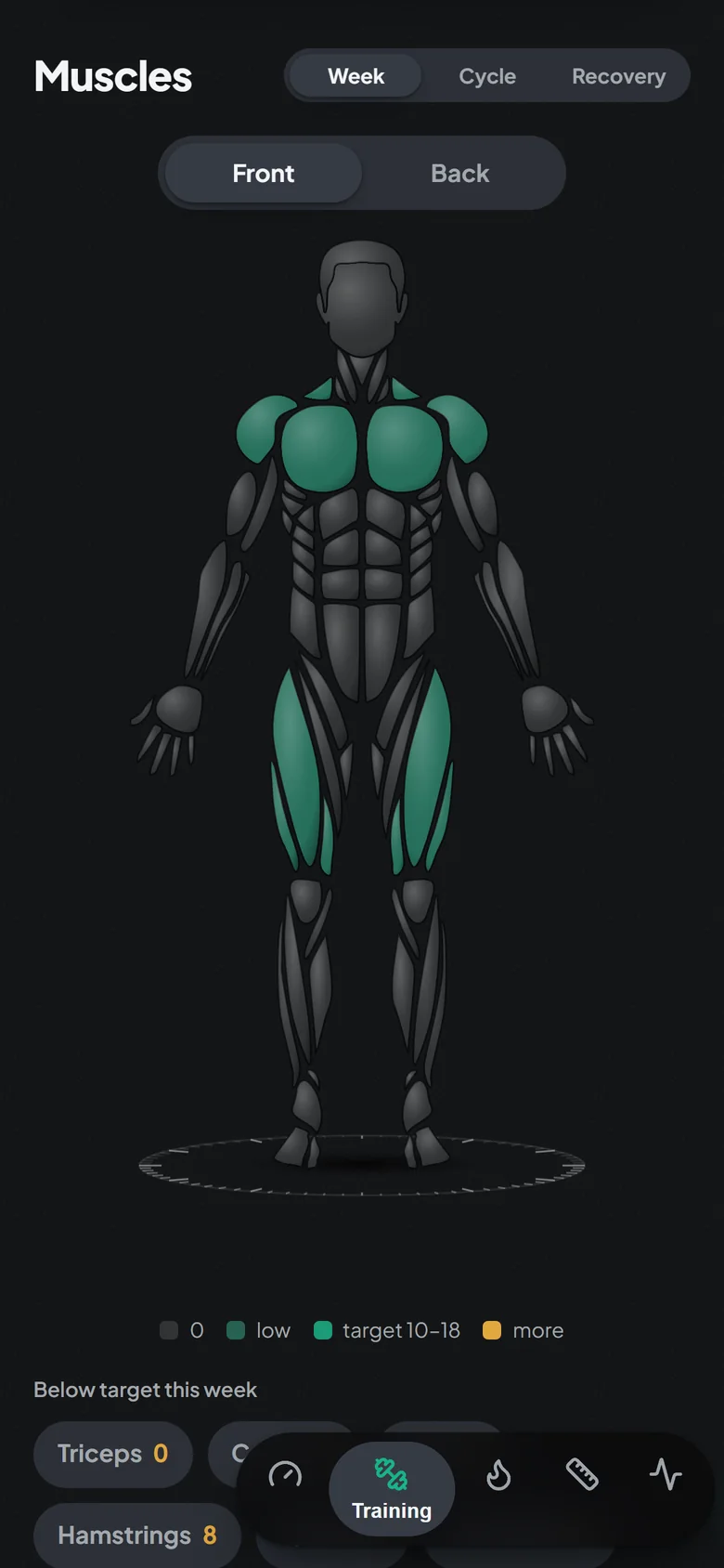 Steelheft muscle map: this week’s sets painted on the body, with a legend from zero to more than 18 sets