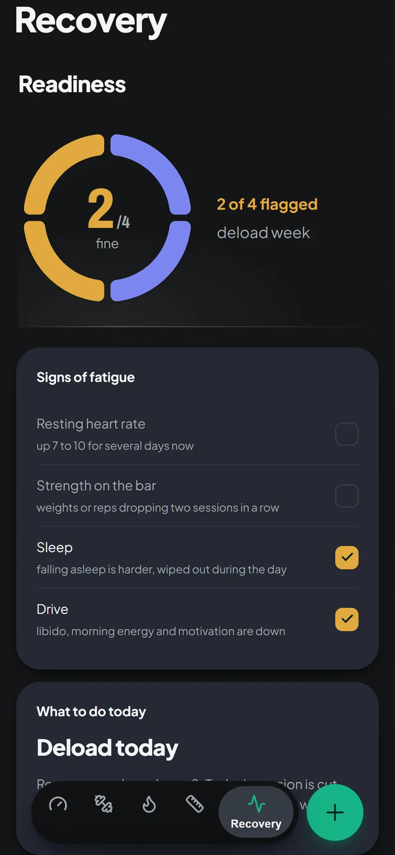 Steelheft Recovery screen: readiness 2 of 4, sleep and drive flagged, deload today