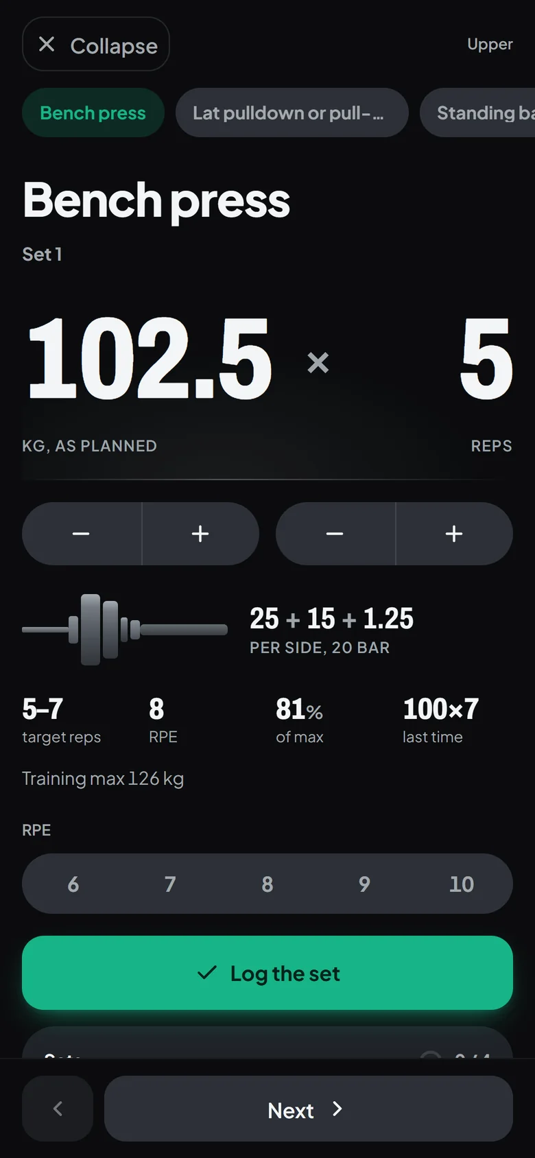 Steelheft set screen: bench press, set 1, 102.5 kg for 5 reps as planned, 25 + 15 + 1.25 kg per side on a 20 kg bar